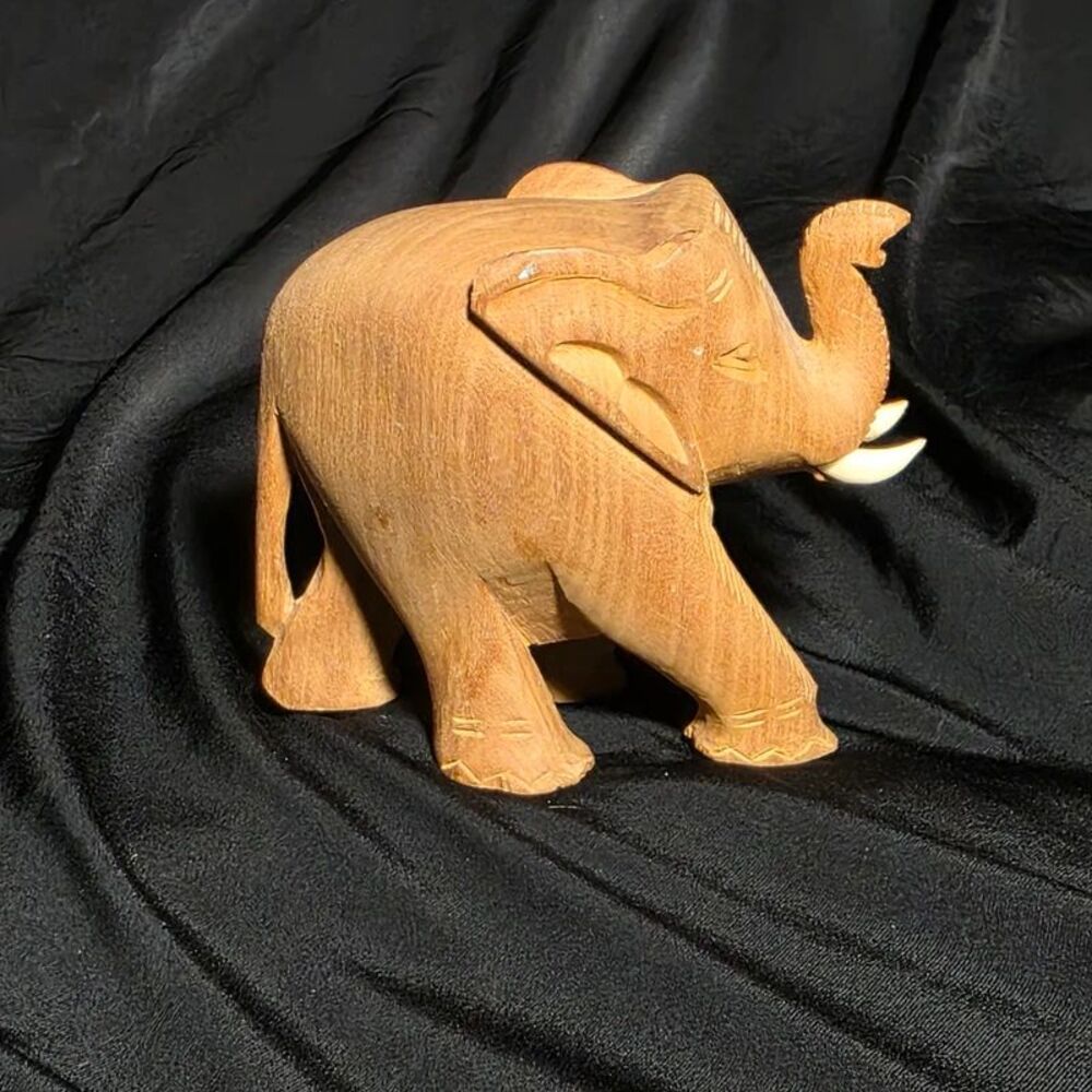 Vintage Hand Carved Wood Elephant Figurine Trunk Up Tusks 3" Small Decor